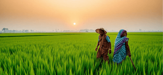 Farmers walking through paddy fields at sunrise
