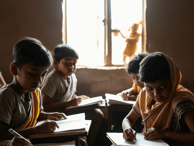 Children studying in a rural classroom